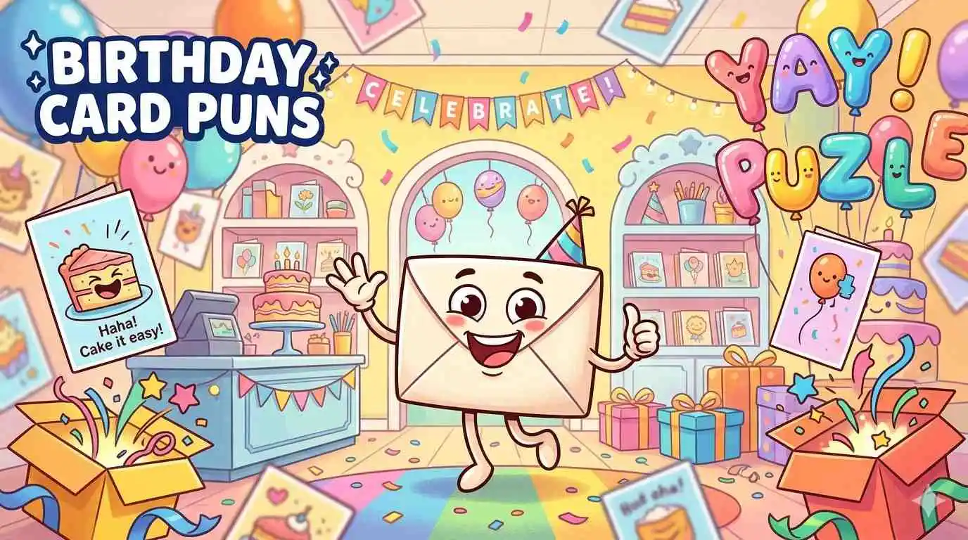 Colorful birthday card pun collection scene