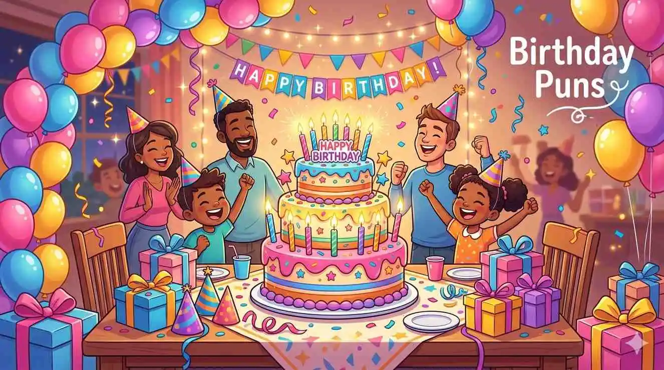 Colorful birthday party scene with cake and balloons.