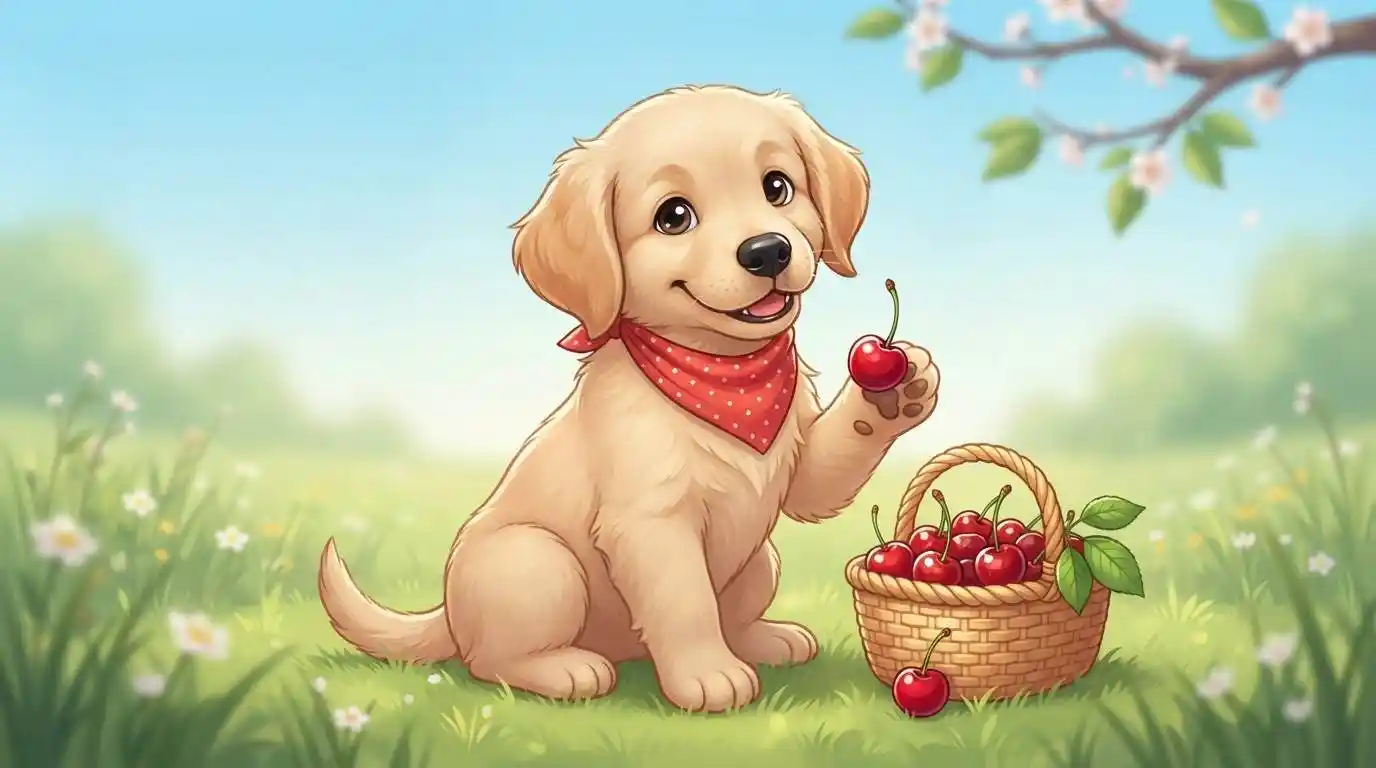 Cute puppy with fresh cherries