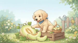Cute dog with honeydew melon