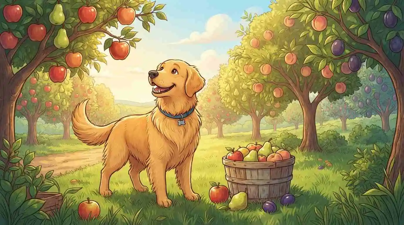 Cute dog among fruit trees