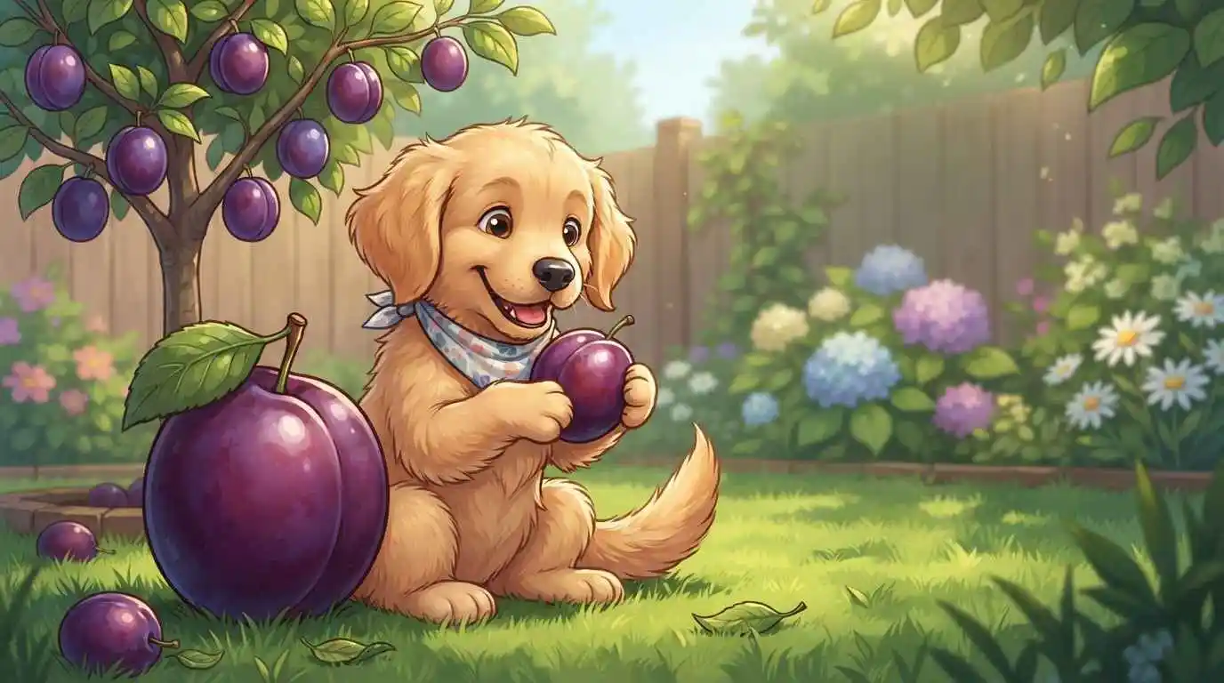 Cute dog with purple plum