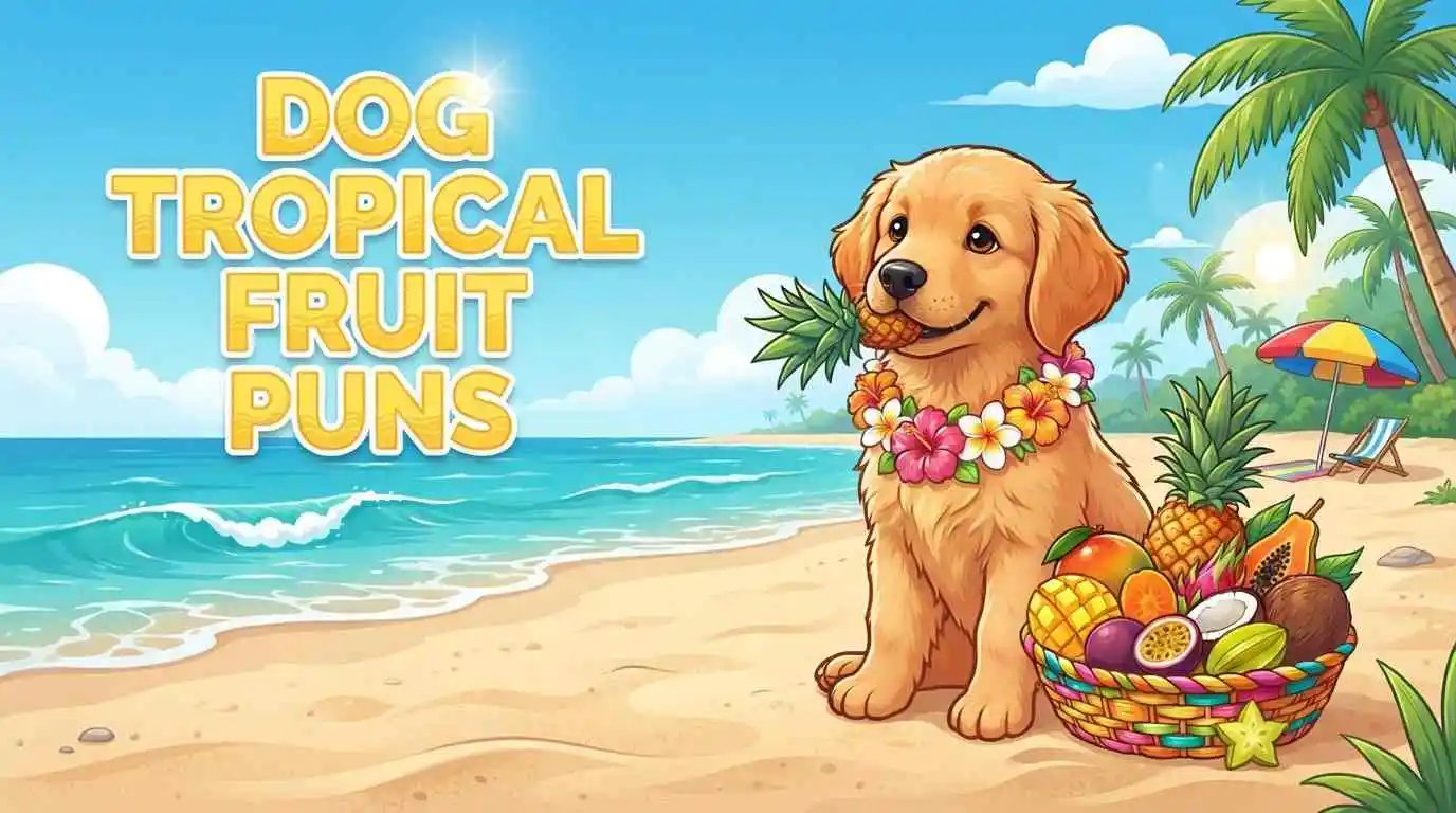 Cute dog tropical fruits